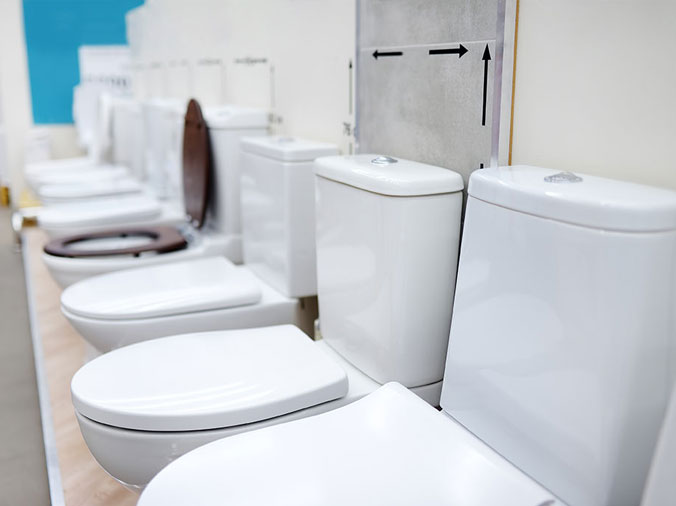 Toilets on display in a plumbing wholesale store